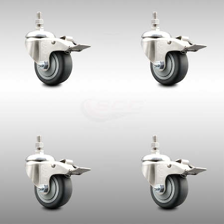 Service Caster 3.5 Inch 316SS Thermoplastic Rubber Swivel 12mm Stem Caster Set Lock Brake SCC-SS316TSTTL20S3514-TPRB-M1215-4